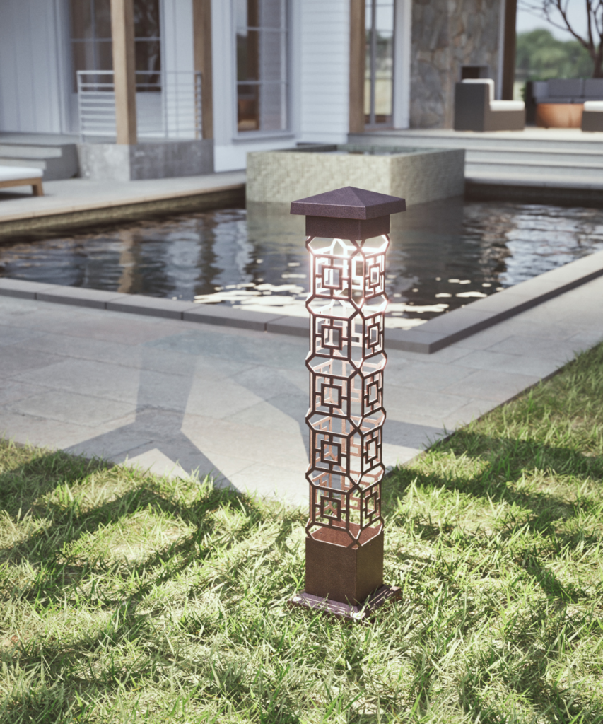 Impactful shadow art outdoor light with textured copper vein finish