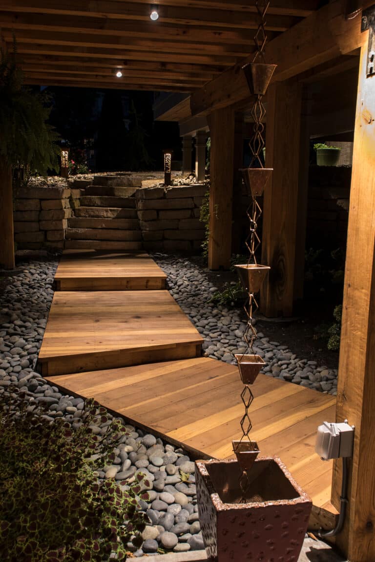 Wood walkway down lights